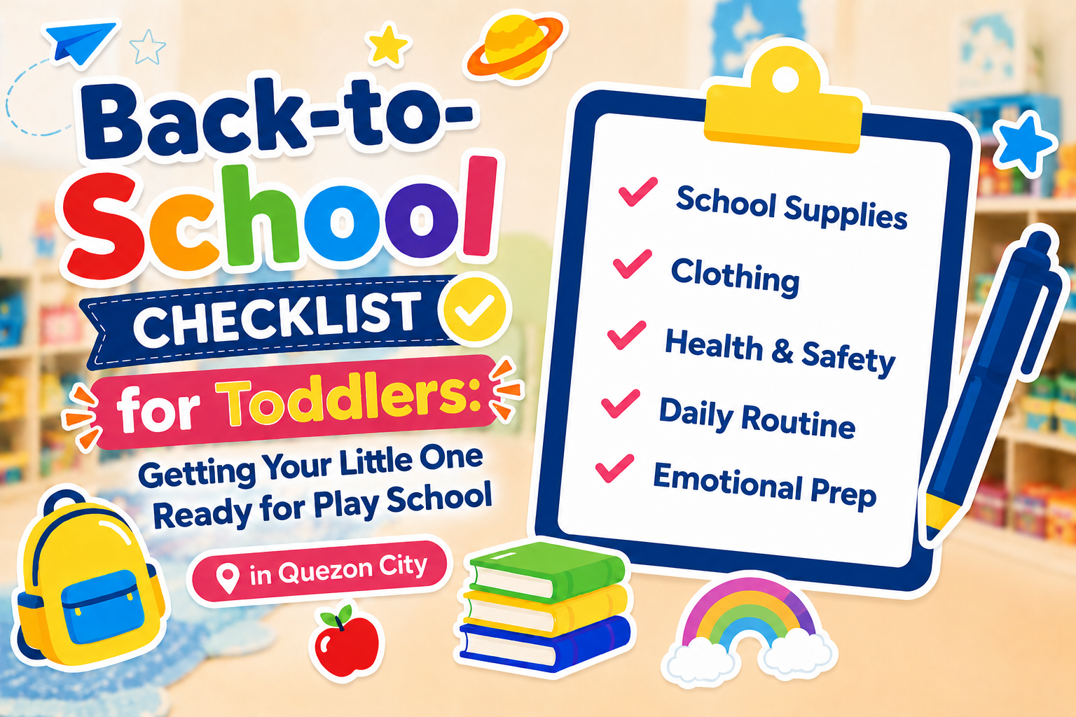 Toddler wearing a backpack, ready for the first day of play school in Quezon City